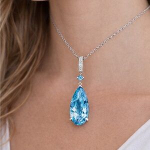 Blue Topaz Sterling Silver Chain Pendant Diamond Accent Teardrop Necklace